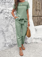 Conjuntos de verano de 2 piezas para mujer, Tops de manga raglán con pantalones, Verde S - details 22