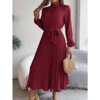 Vestido pequeño de manga larga plisado con cuello alto para mujer, ropa elegante, - details 34