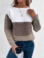 Elegant Three-color Patchwork Sweater Women Daily Commuter Casual Loose Jumpers Female Autumn Winter Knitted Thickened Warm Tops - details 11