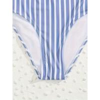 Traje de baño de una pieza con cuello en V fruncido y estampado a rayas, tirantes finos sin espalda, trajes de baño retro - details 4