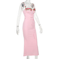 Vestido largo Floral sin mangas con espalda descubierta para mujer, traje Sexy de vendaje con cordones, ajustado para fiesta - details 6