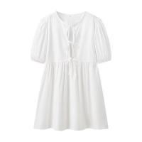 BUNO-vestidos minimalistas lisos empalmados con cordones para mujer, vestido con temperamento de cintura alta y manga corta con cuello redondo para mujer - details 2