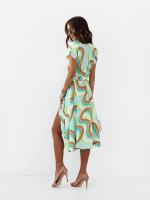 Vestido corto con capucha de manga corta para mujer en verano Cuello en V, un solo pecho, estampado en línea, longitud media - details 3