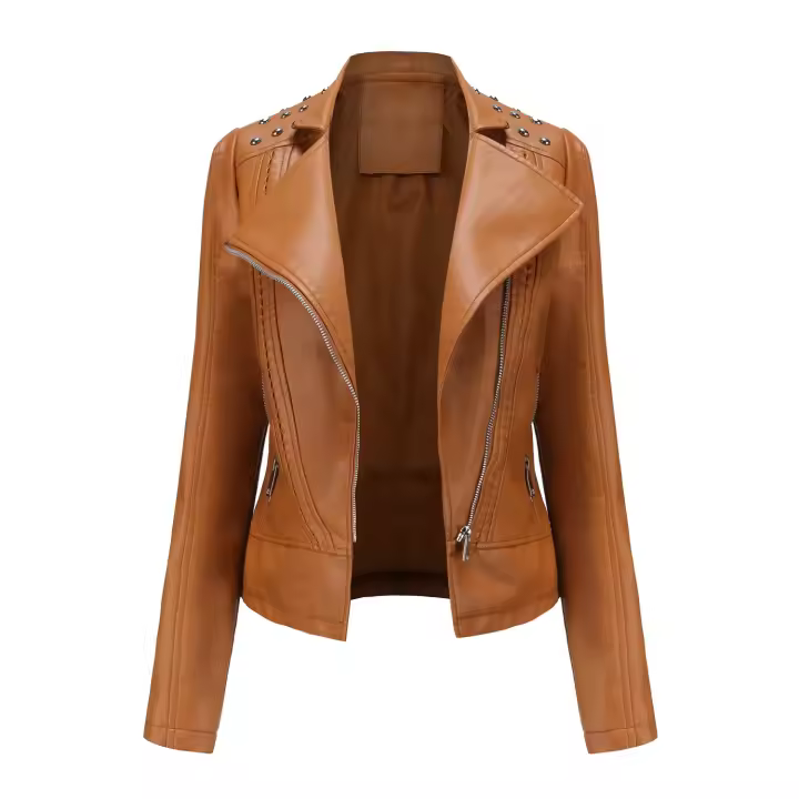 Chaqueta de motociclista de cuero PU para mujer, abrigo ajustado con remaches Punk - 1