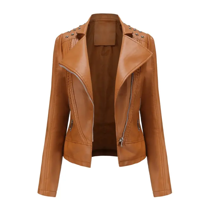 Chaqueta de motociclista de cuero PU para mujer, abrigo ajustado con remaches Punk - 1