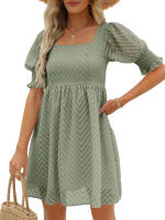 Vestido de verano de las mujeres 2023 Casual Flowy Beach Cuello cuadrado Linterna Manga corta Plisado Una línea Vestido Tie Mini vestido - details 11