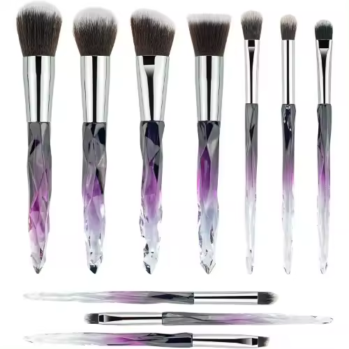 Juego de Pinceles de Maquillaje de Alta Calidad 10 Piezas Pinceles de Maquillaje Sintéticos Kabuki para Sombras de Ojos y Correctores Mango de Cristal (Morado) - 1