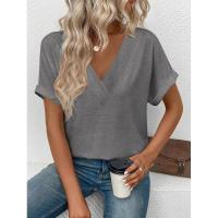 Tops de moda de color sólido con cuello en V, ropa popular coreana, camiseta holgada de manga corta de verano para mujer. - details 13