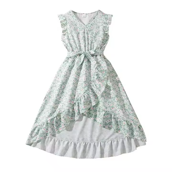 Moda Verano Fiesta de Niñas Vestido con Cinturón y Borde Irregular Color Verde Ligero - 1
