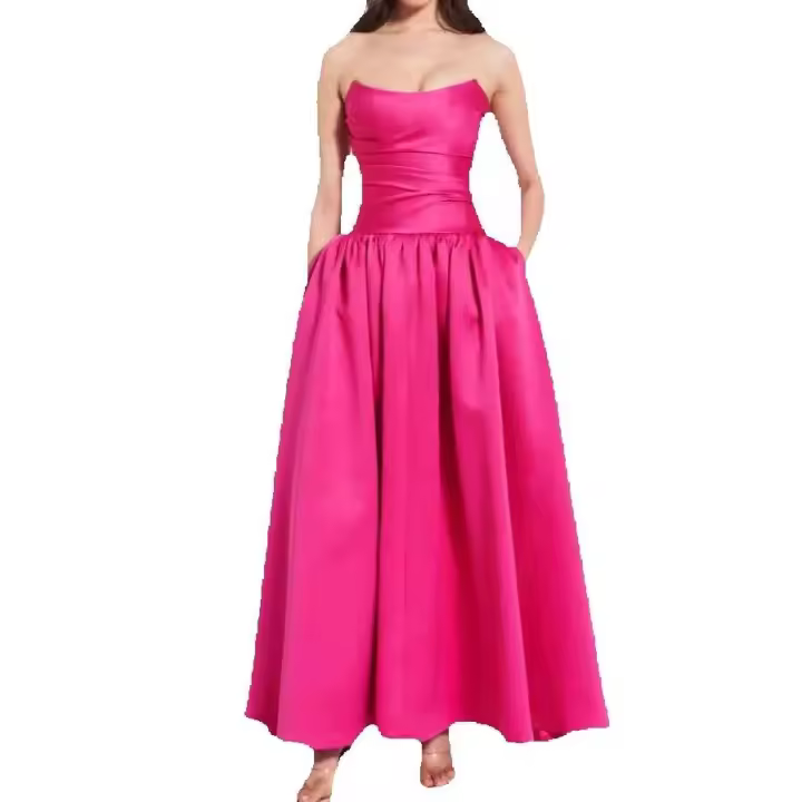 Verano 2025 nuevo vestido largo de vacaciones junto al mar adelgazante de cintura, vestido con tirantes rojo rosa francés para niños - 1