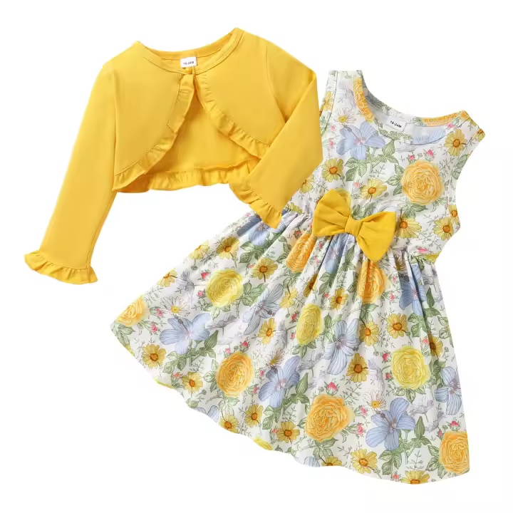 Vestidos de otoño para niña, cárdigan de 2 piezas, conjunto de ropa con estampado Floral, vestido de verano sin mangas y abrigo de manga larga, conjuntos para 2-3T - 1