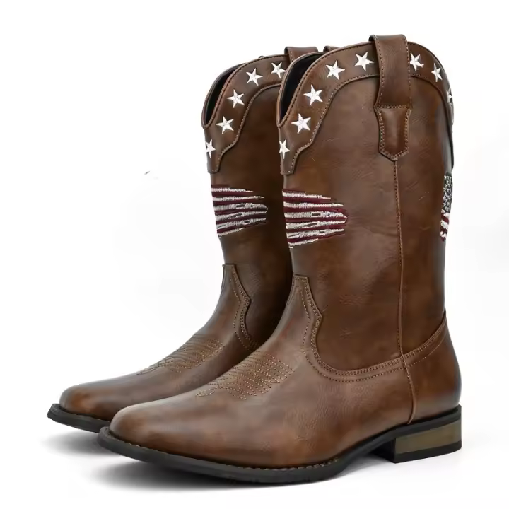 Bordado de cabeza cuadrada, botas occidentales de diseño con patrón característico de mezclilla para hombres rectos retro - 1