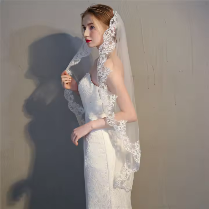 Velo de novia corto de una sola capa, velo de novia de encaje, forma de viaje, tocado para fotografía - 1
