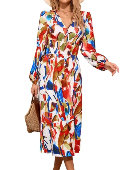 Vestido elegante con cuello en V para mujer, estilo elegante, manga larga, primavera y otoño - 1