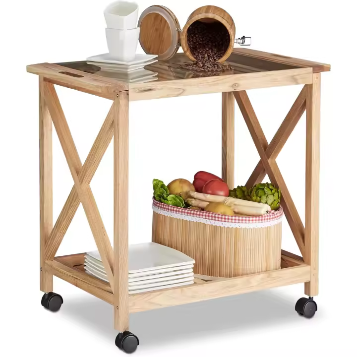 Carrito Cocina de 2 Niveles con Placa de Vidrio, Marrón, Madera de Nogal, 5 x 38 cm, 63 x 66 - 1