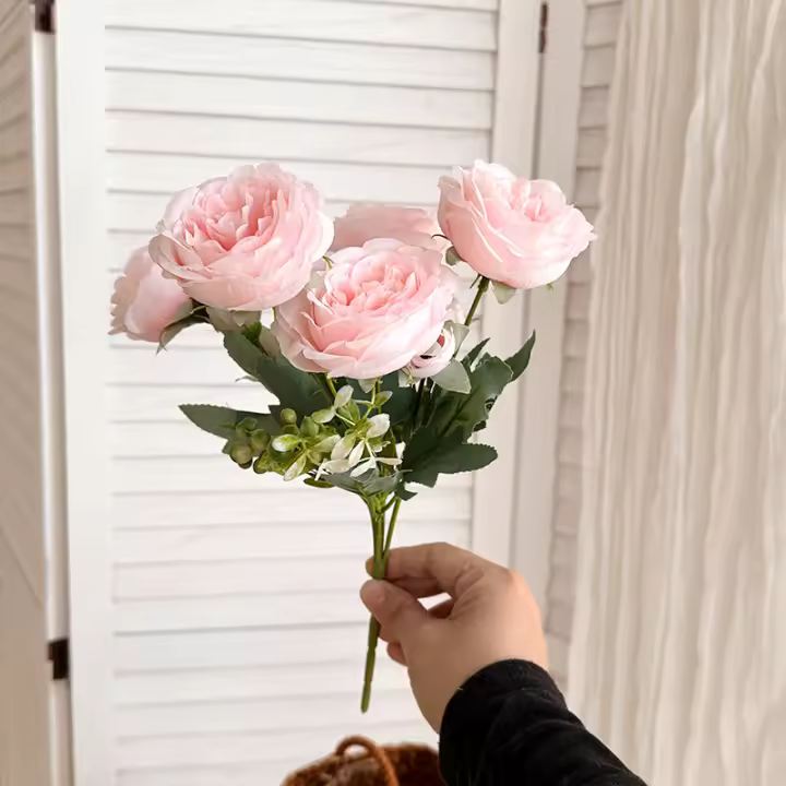 Ramo de peonías artificiales de 5 cabezas DIY, tela de seda, paquete de flores de peonía Retro, flor falsa de seda, decoración para el hogar y la boda - 1