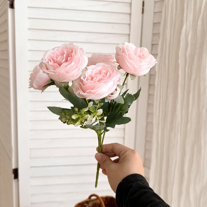 Ramo de peonías artificiales de 5 cabezas DIY, tela de seda, paquete de flores de peonía Retro, flor falsa de seda, decoración para el hogar y la boda - 1