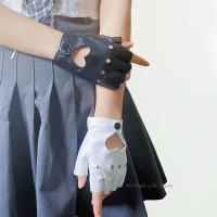 Guantes de medio Dedo de cuero PU para mujer, mitones góticos, corazón de Hip Hop, negro, blanco, hueco, Lolita JK, Anime coreano - details 0