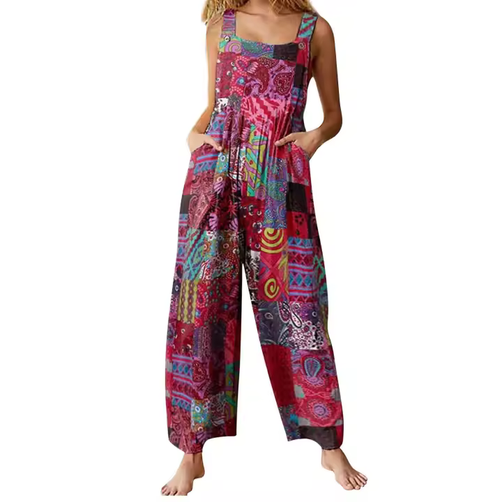 Nuevos y cautivadores monos de verano para mujer, mono informal sin mangas con cuello cuadrado de estilo étnico Multicolor con bolsillos para - 1