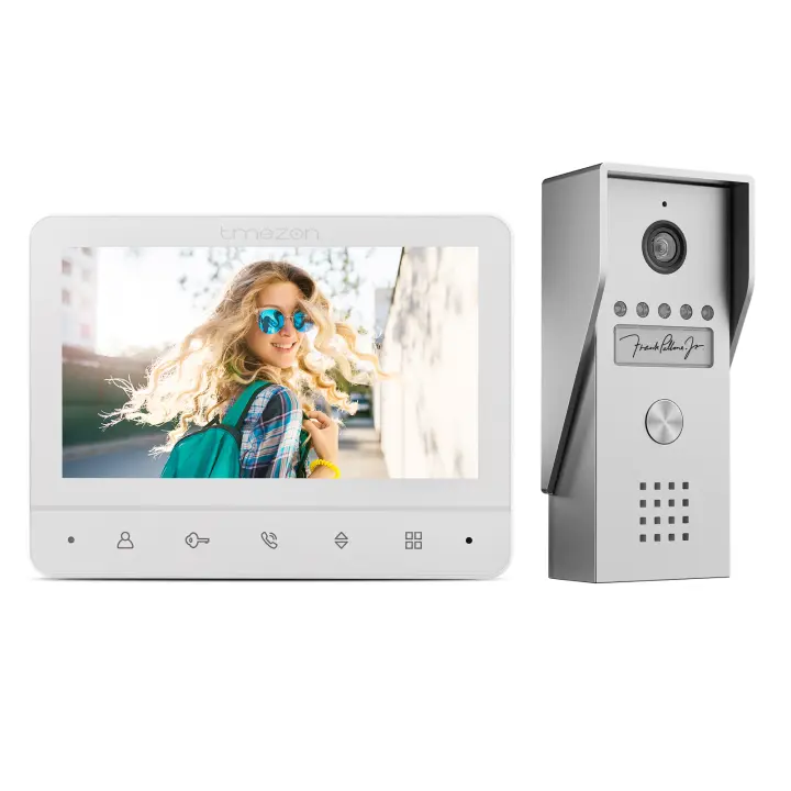 TMEZON Videoportero Timbre Video Sistema Intercomunicador, Monitor 7 zoll y timbre con cable para 1 familia, tecnología de 4 cables,Botón táctil, visión Nocturna, instantánea/grabación - 1