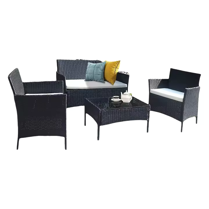 Muebles de Jardín de Ratán Juego de 4 Piezas: Sofá de Tejido de Mimbre con 2 Sillones y 1 Mesa para Patio - 1