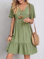 Vestido Sexy con volantes y cuello en V para mujer, vestido veraniego holgado Vintage bohemio informal liso para fiesta en la playa - details 1