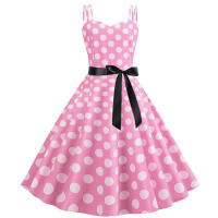 Vestido midi retro de fiesta con estampado de lunares, tirantes finos y cinturón para mujer - details 32