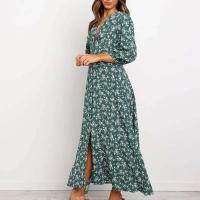 2025 nuevo Vintage mujeres vestido largo de gasa ral estampado linterna manga A-e Maxi Vestidos otoño elegante cuello en V Vestidos de invierno - details 3