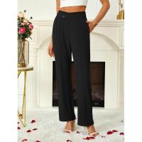 Acampanado para mujer, botones cruzados lisos, pierna recta, cintura alta, pantalones casuales de algodón elástico cómodo - details 3