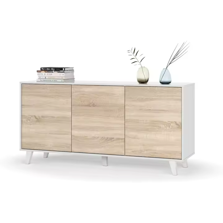 Mueble de Buffet de 3 Puertas Zaiken Plus Blanco Brillo y Roble Canadian - 1