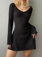 Vestido tejido para mujer primavera otoño Color sólido cuello en V Oficina señora dobladillo Irregular básico Simple vestidos delgados - details 1