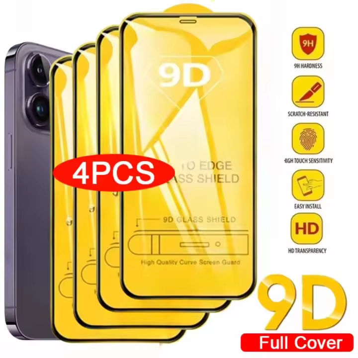 Protector de Pantalla de Vidrio Templado de Cobertura Completa 9D para iPhone 4PCS - 1