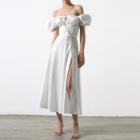Vestido Largo Francés de Hombro Único para Mujer 2024 Mangas Abullonadas, Cordón, Delgado Casual con Ranura - details 6