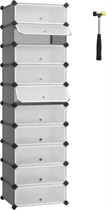 Zapatero Modular con 10 Compartimentos, Juego de 2, Estantería Modular de Plástico, Cajas Zapatero DIY, Zapatero Plástico con Puerta, con Martillo, Negro LPC010B02 - 1