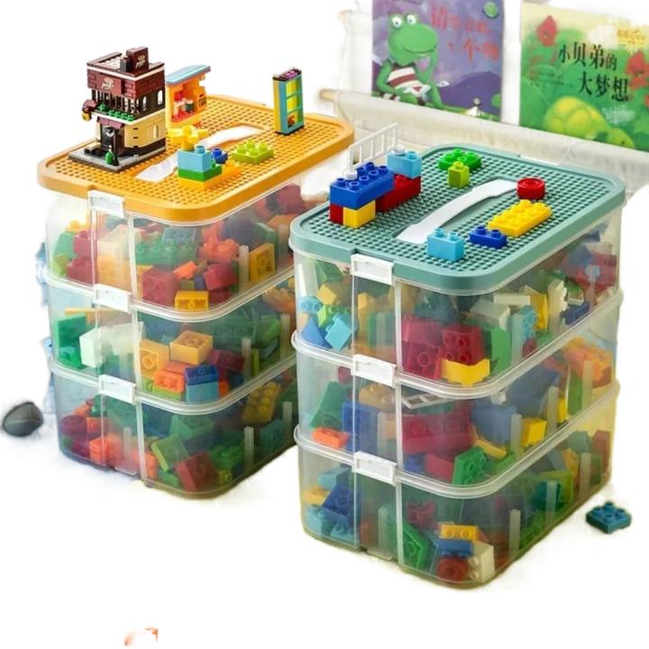 Caja de bloques de construcción de plástico con caja interior, organizador de bloques de construcción verde/amarillo, cajas de almacenamiento de bloques de construcción
