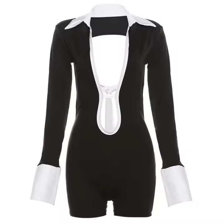 BUNO-Mono con cuello en V profundo de retales para mujer, pantalón corto ahuecado, manga larga, Espalda descubierta, con cordones, para fiesta y Club, prendas de vestir, 2025 - 1