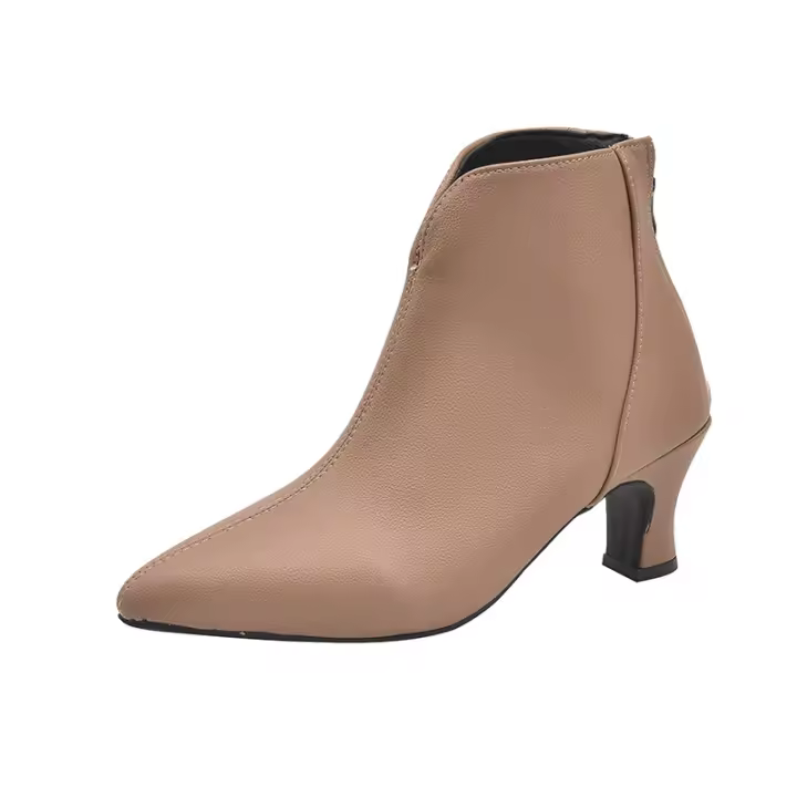 Nuevas botas de mujer con tacón de gato, boca en V, ajustadas, color marrón y piel desnuda. - 1