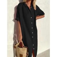 Vestido camisero largo de lino y algodón con botones de manga corta holgado informal elegante para mujer - details 1