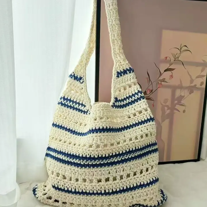 Bolso de algodón tejido de un solo hombro a rayas, bolso de paja hueco, bolso de vacaciones en la playa - 1