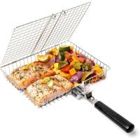 Herramienta de cocina al aire libre de malla para barbacoa, pescado a la parrilla, verduras, camarones, fila de mango portátil, acero inoxidable - details 2