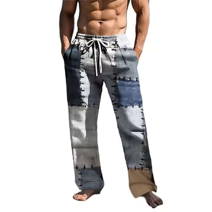 Pantalones casuales de verano a la moda para hombres, cómodos pantalones largos elásticos con diseño de impresión 3D con cordones sin costuras en la cintura - 1