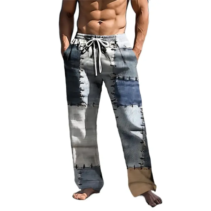 Pantalones casuales de verano a la moda para hombres, cómodos pantalones largos elásticos con diseño de impresión 3D con cordones sin costuras en la cintura - 1