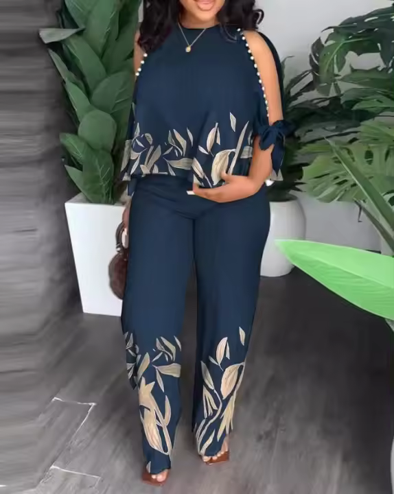 Mujer cuello redondo manga raglan manga cinco centavos tachuelas posicionamiento de cuentas estampado pantalón conjunto tallas grandes - 1