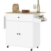 Carrito de cocina plegable, mueble auxiliar de cocina con ruedas, 2 puertas, cajón para especias, toallero y estante ajustable, 106x42x87 cm, blanco y roble - details 0