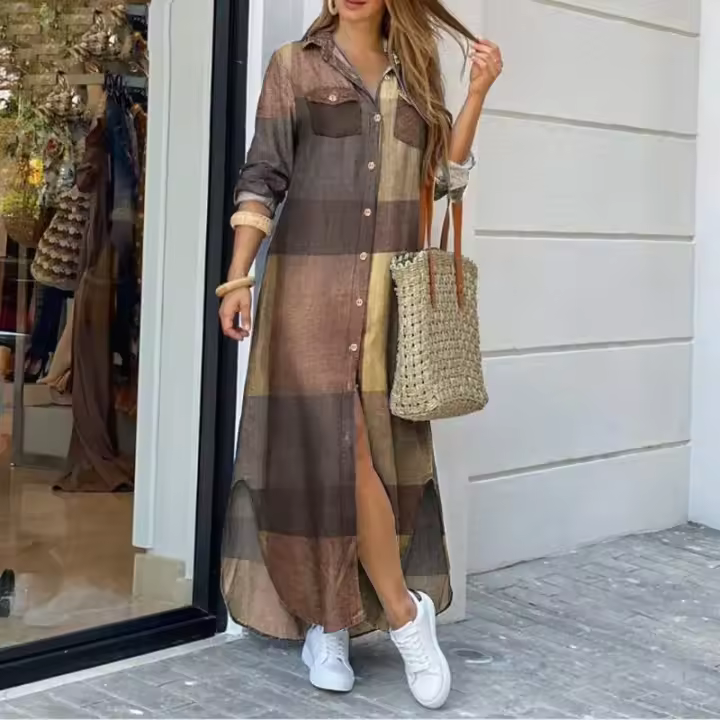 Vestido de manga larga a cuadros, Maxi Vestido de playa de verano elegante para mujer, vestido camisero Irregular con botones, bata de fiesta con solapa estampada dividida - 1