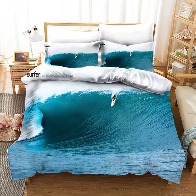 Juego de Cama de Verano de Surf de Playa Funda de Edredón Cómoda de Mar Azul Tamaño Rey-Reina - 1