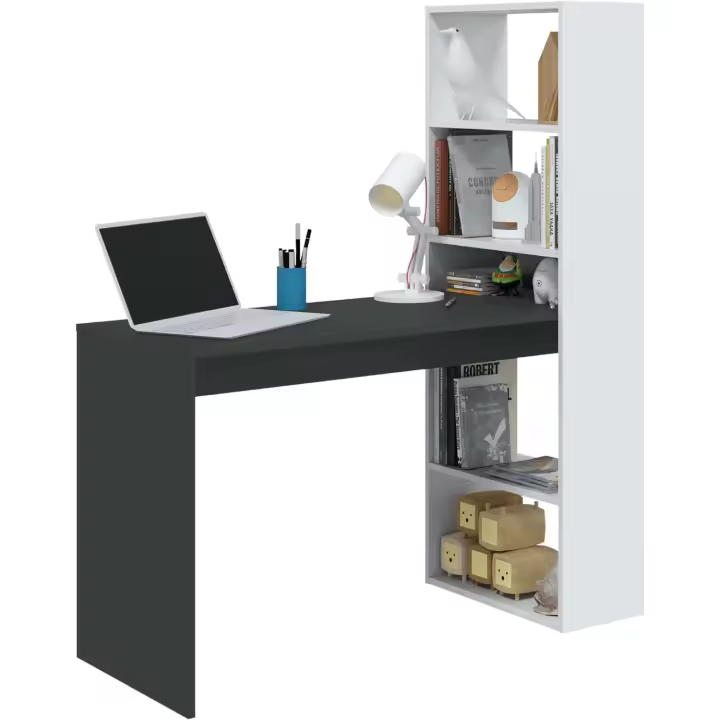Escritorio con Estanteria Reversible, Blanco Artik y Gris Antracita, Modelo Duplo, Medidas: 120 cm (Ancho) x 53 cm (Fondo) x 144 cm (Alto) - 1