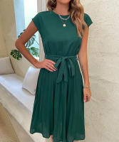 Vestido plisado elegante para mujer, manga corta con cinturilla, verde negruzco S, Verano - details 8