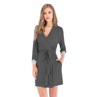 Bata de noche para mujer, pijama, ropa de dormir, cuello en V, manga larga, vestido con puños de encaje y pretina - details 3