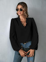 Blusa elegante con volantes y cuello en V para mujer, blusa holgada de manga abullonada de Color sólido, temperamento para ir al trabajo, 2024 - details 7